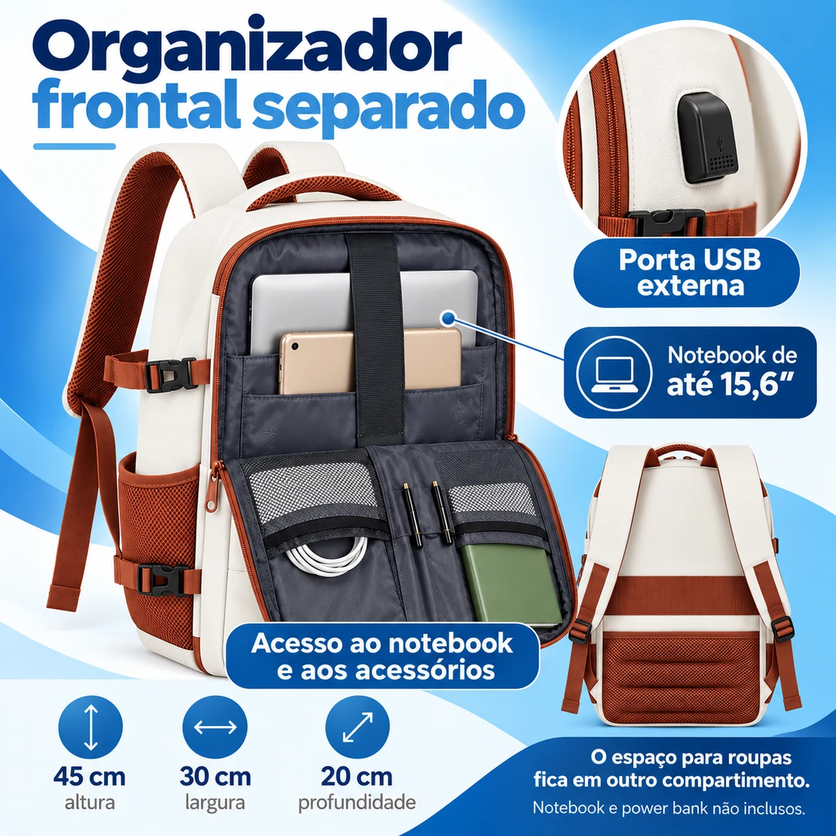 Organizador frontal separado do espaço das roupas, com bolso para notebook e acessórios