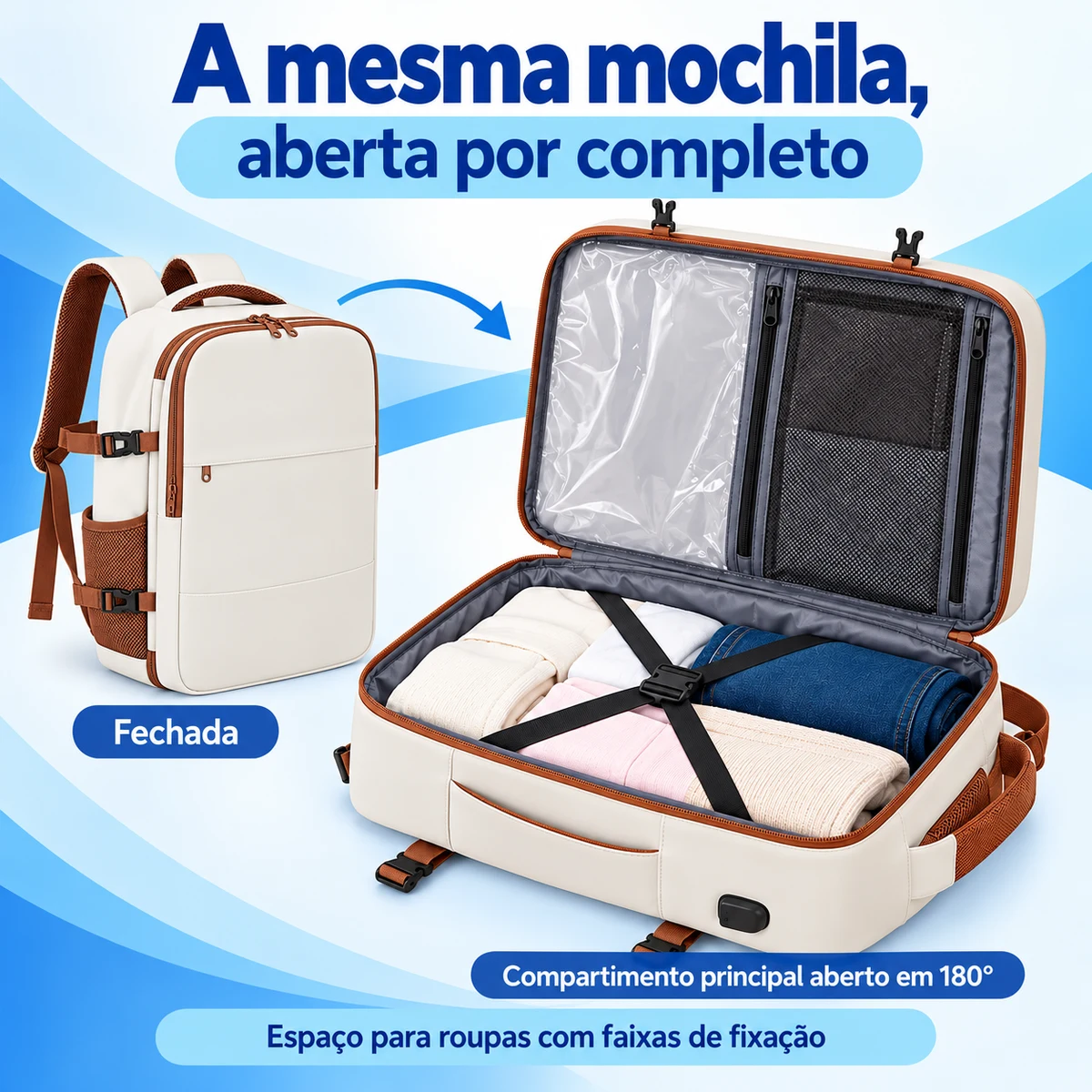 A mesma mochila fechada e com o compartimento principal de roupas aberto em 180°